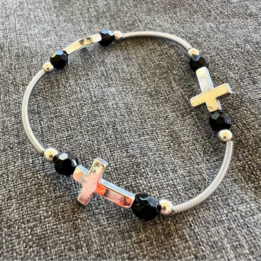 Black Crystal Bead Stretch Stackable Set Of 5 Bra… - image 3